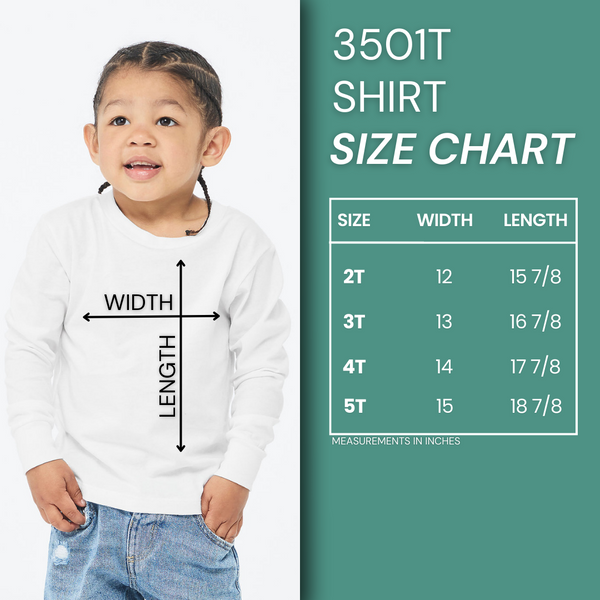 a little boy wearing a white shirt with a size chart on it