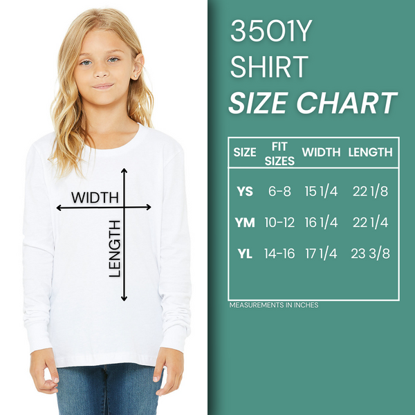 a little girl wearing a white shirt with a size chart