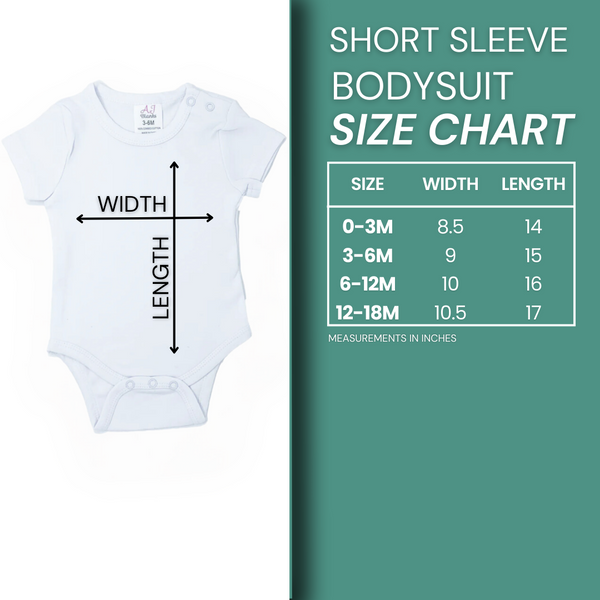 a baby bodysuit with measurements for a size chart