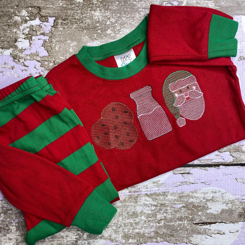 READY TO SHIP, Red and Green Stripe Embroidered Christmas Pajamas-Kids Christmas Shirt -Girls Winter Shirt -Santa's Reindeer-Milk and Cookies