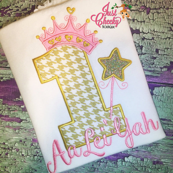 First Birthday Embroidered Shirt - Pink and Gold Birthday Shirt - Princess Birthday - Princess Crown - Tiara - Star Wand