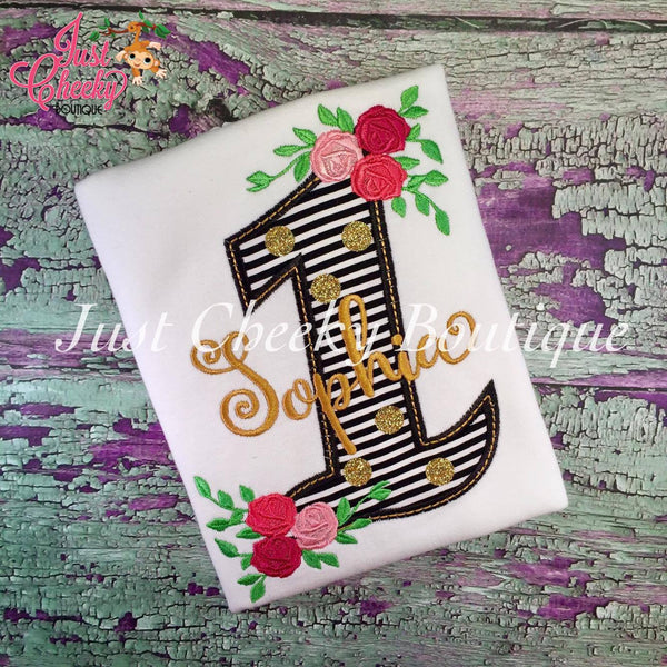 Floral Birthday Embroidered Shirt - First Birthday Shirt - Black and Gold Birthday - Gold Polka Dot Shirt