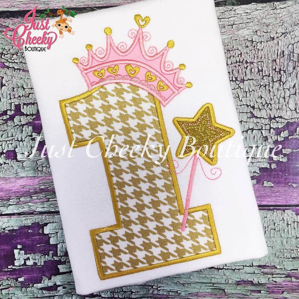 First Birthday Embroidered Shirt - Pink and Gold Birthday Shirt - Princess Birthday - Princess Crown - Tiara - Star Wand