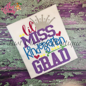 Lil Miss Kindergarten Grad Embroidered Girls Shirt -Back to School Shirt -First Day of School Shirt -Kindergarten-Graduation Shirt