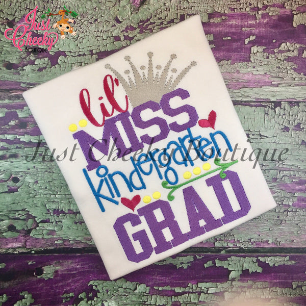 Lil Miss Kindergarten Grad Embroidered Girls Shirt -Back to School Shirt -First Day of School Shirt -Kindergarten-Graduation Shirt