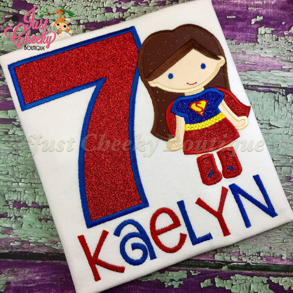 Super Girl with Brown Hair Inspired Cutie Birthday Shirt - Superhero Embroidered Shirt - Superhero Birthday - Supergirl Birthday Shirt
