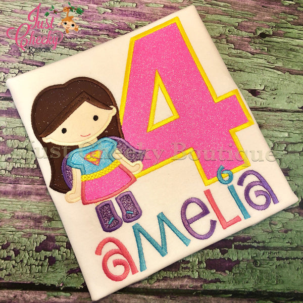 Super Girl with Brown Hair Inspired Cutie Birthday Shirt - Superhero Embroidered Shirt - Superhero Birthday