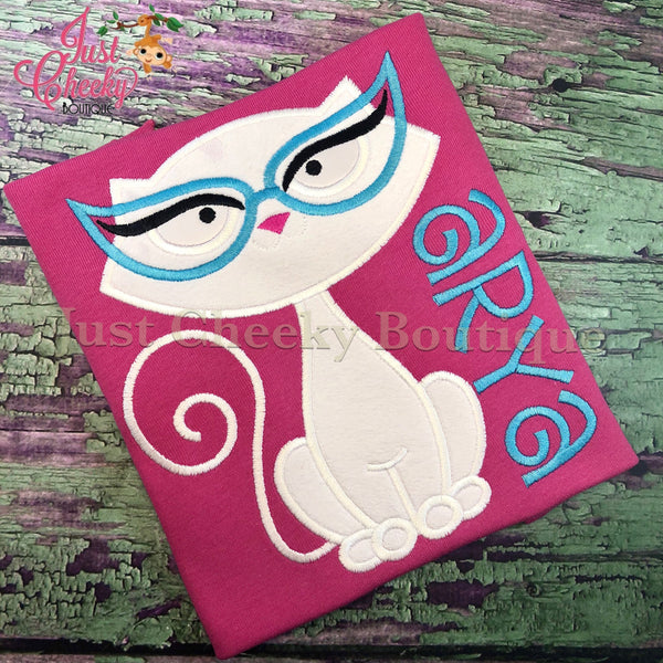 White Cat Embroidered Shirt - Girls Cat Shirt - Girls Kitty Shirt - Girls Nerdy Kitty Shirt