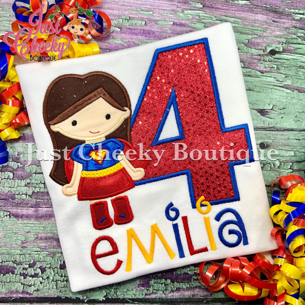 Super Girl with Brown Hair Inspired Cutie Birthday Shirt - Superhero Embroidered Shirt - Superhero Birthday - Supergirl Birthday Shirt