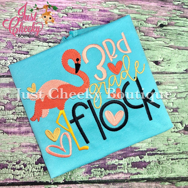 Flamingo Flock Grade Embroidered Girls Shirt -Back to School Shirt-First Day of School Shirt- Pre K Kindergarten 1st 2nd 3rd 4th 5th Grade