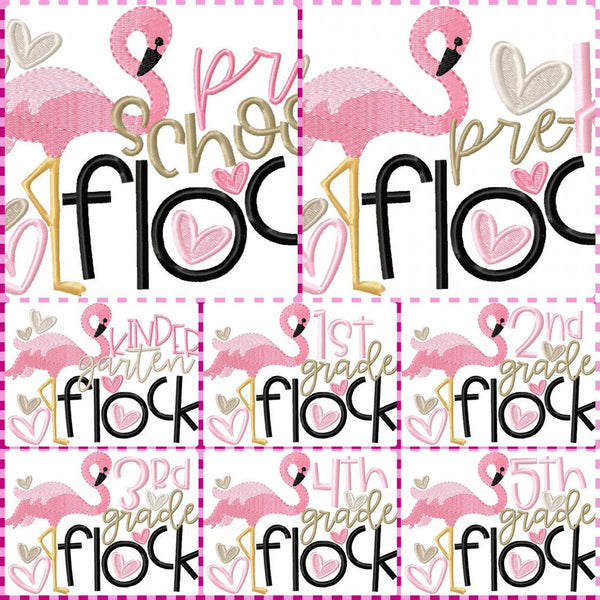 Flamingo Flock Grade Embroidered Girls Shirt -Back to School Shirt-First Day of School Shirt- Pre K Kindergarten 1st 2nd 3rd 4th 5th Grade