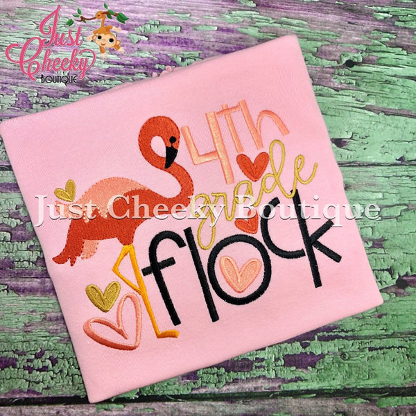 Flamingo Flock Grade Embroidered Girls Shirt -Back to School Shirt-First Day of School Shirt- Pre K Kindergarten 1st 2nd 3rd 4th 5th Grade